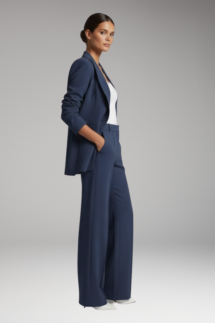 Navy tailored two piece set with single-button peak lapel blazer and high-rise straight leg pants - view 4