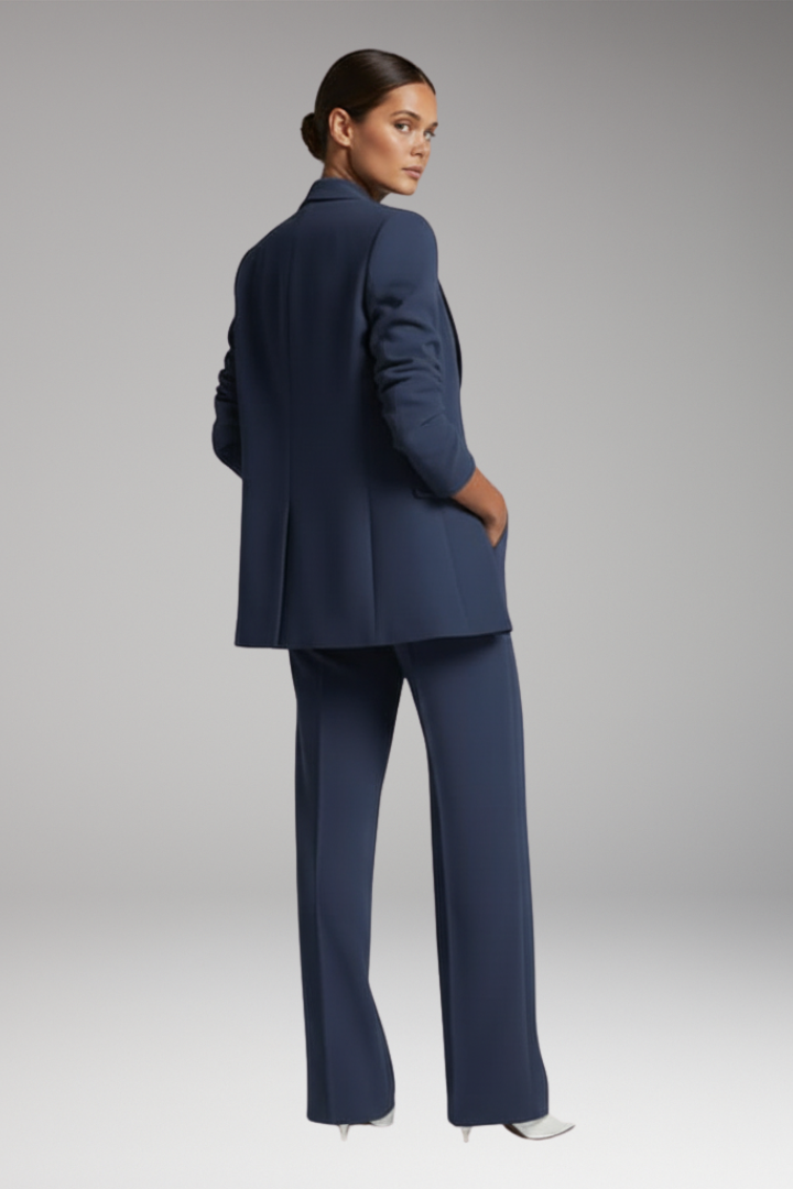 Navy tailored two piece set with single-button peak lapel blazer and high-rise straight leg pants - view 5