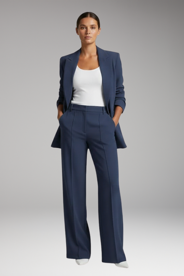 Navy tailored two piece set with single-button peak lapel blazer and high-rise straight leg pants - view 6