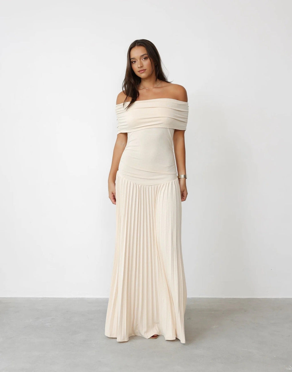 Cream off shoulder pleated maxi dress with ruched foldover neckline and drop waist