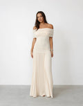 Cream off shoulder pleated maxi dress with ruched foldover neckline and drop waist