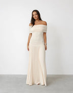 Cream off shoulder pleated maxi dress with ruched foldover neckline and drop waist
