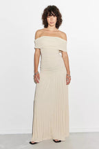 Cream off shoulder pleated maxi dress with ruched foldover neckline and drop waist - view 11