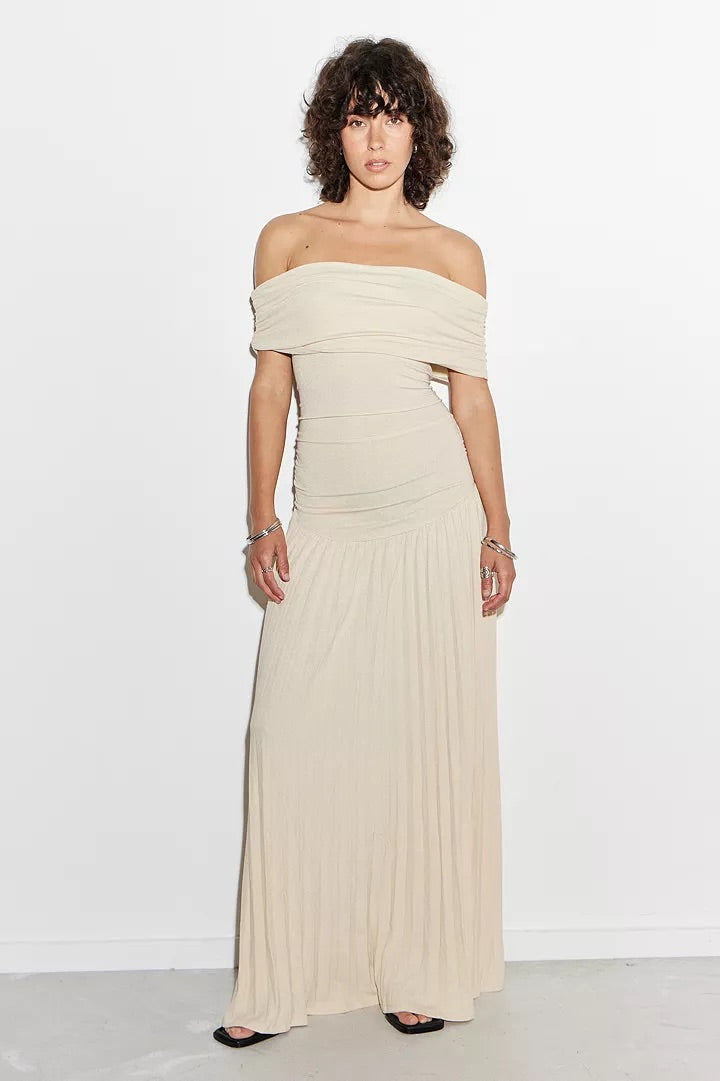 Cream off shoulder pleated maxi dress with ruched foldover neckline and drop waist - view 11