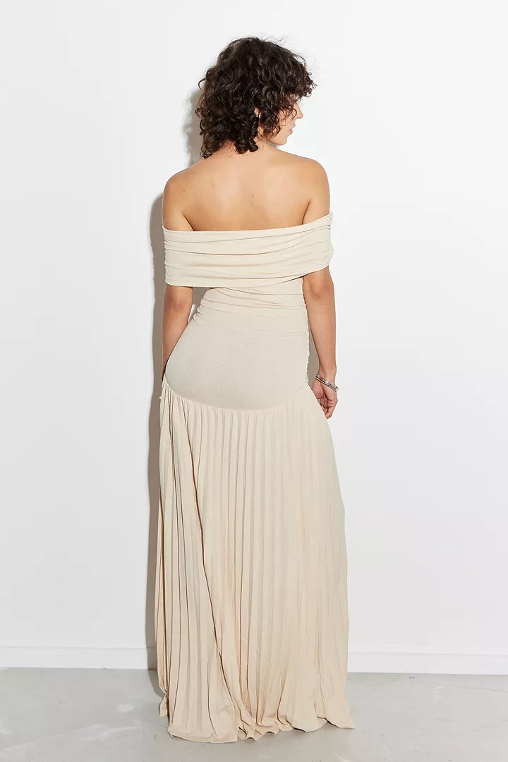 Cream off shoulder pleated maxi dress with ruched foldover neckline and drop waist - view 12