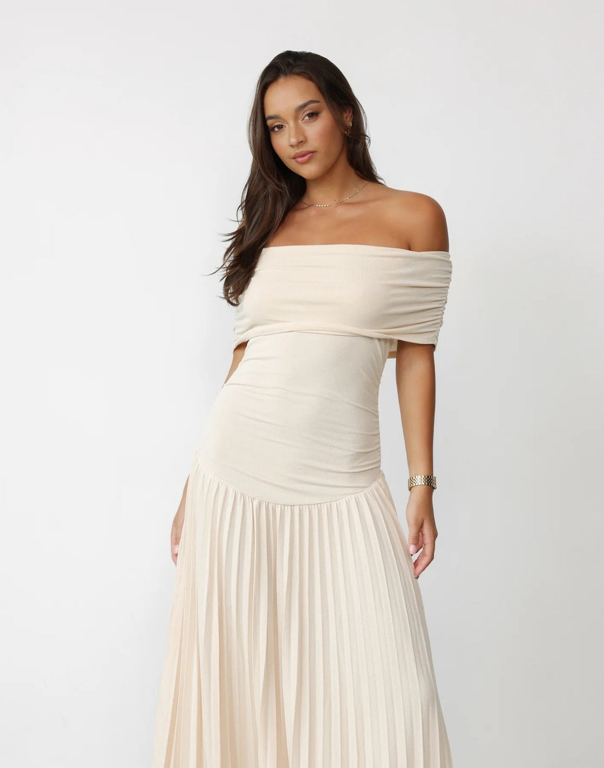 Cream off shoulder pleated maxi dress with ruched foldover neckline and drop waist - view 13