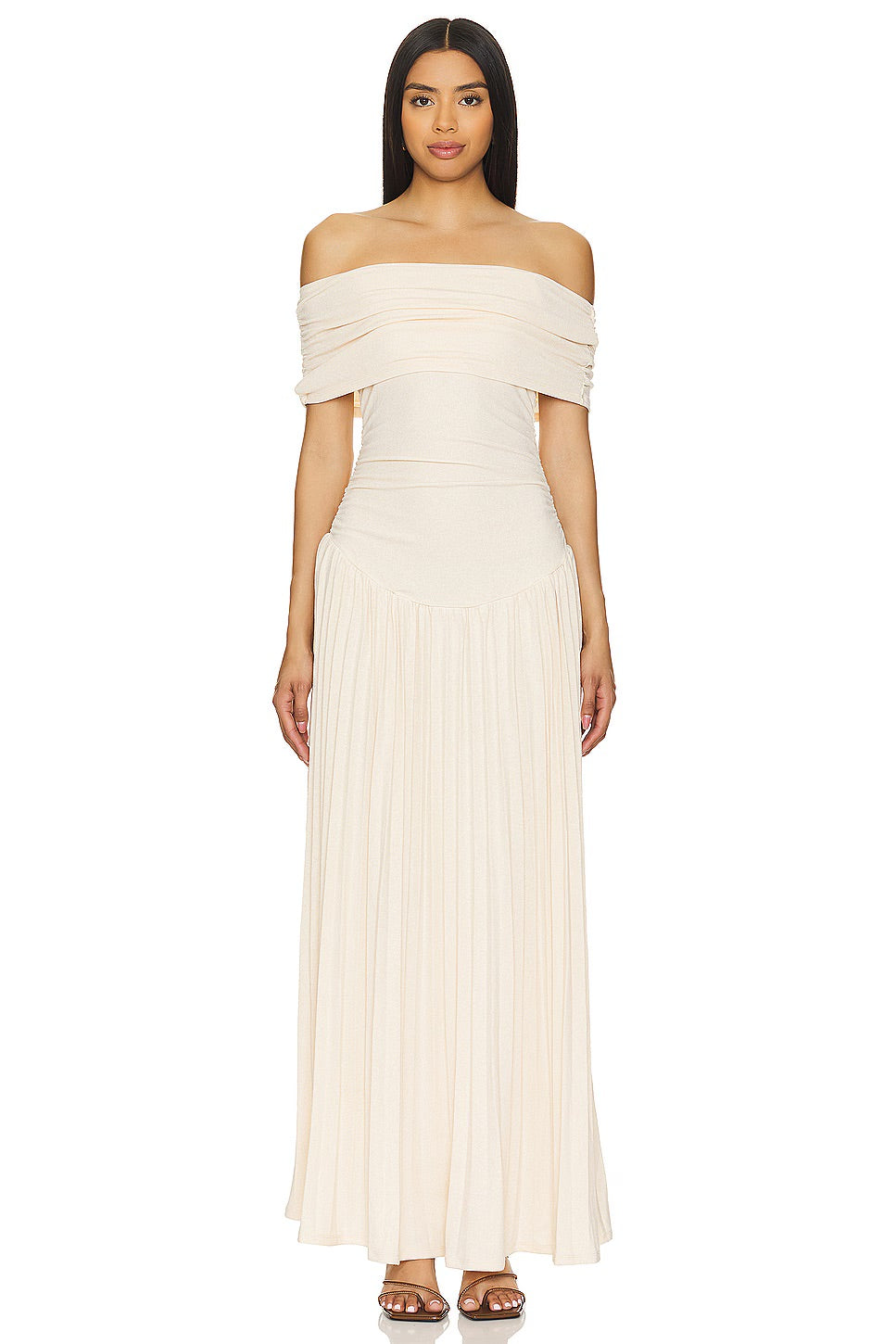 Cream off shoulder pleated maxi dress with ruched foldover neckline and drop waist - view 14