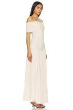 Cream off shoulder pleated maxi dress with ruched foldover neckline and drop waist - view 15