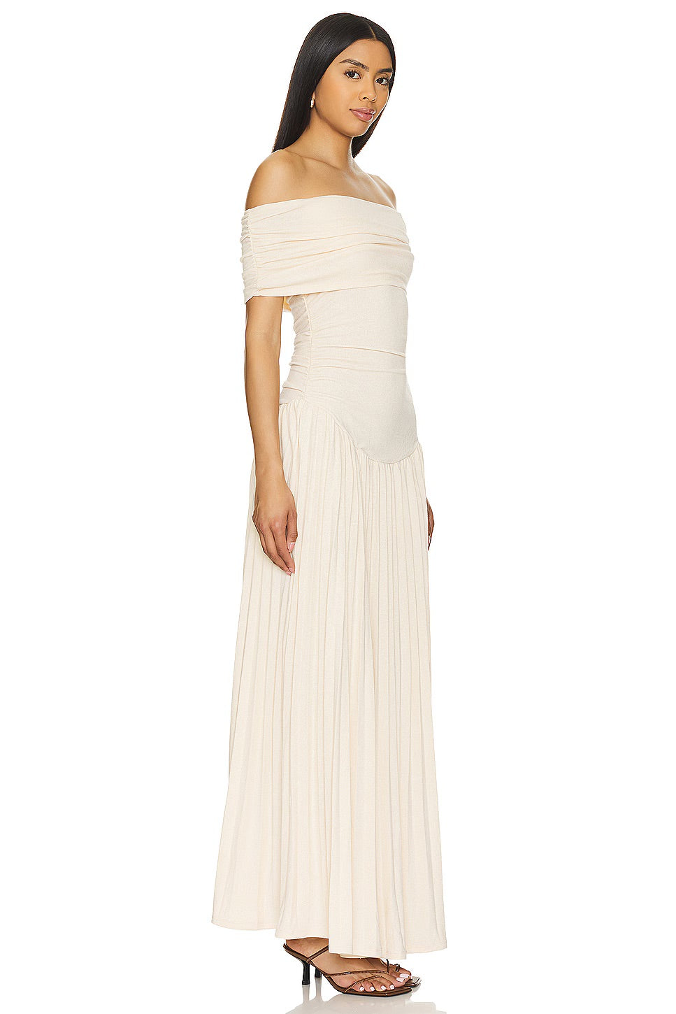 Cream off shoulder pleated maxi dress with ruched foldover neckline and drop waist - view 15