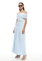Cream off shoulder pleated maxi dress with ruched foldover neckline and drop waist - view 18