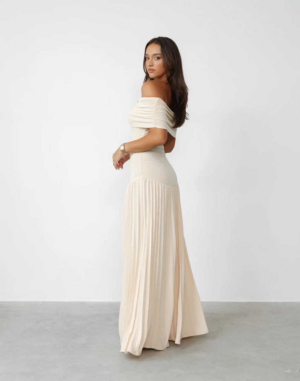 Cream off shoulder pleated maxi dress with ruched foldover neckline and drop waist - view 2