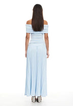 Cream off shoulder pleated maxi dress with ruched foldover neckline and drop waist - view 20