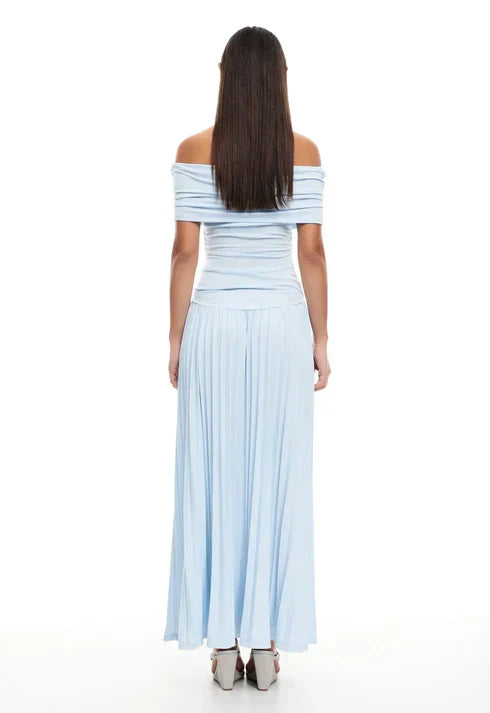 Cream off shoulder pleated maxi dress with ruched foldover neckline and drop waist - view 20