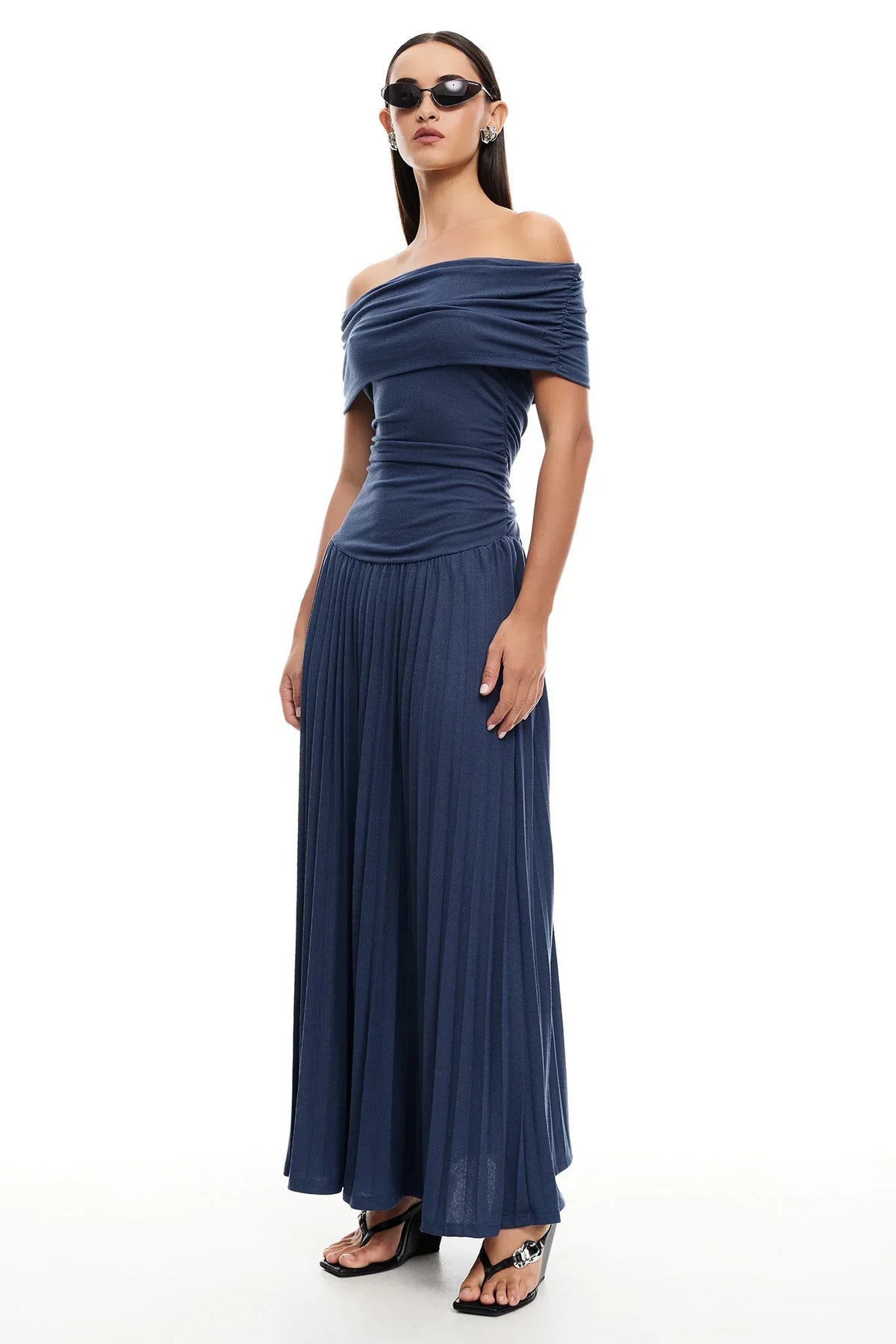Cream off shoulder pleated maxi dress with ruched foldover neckline and drop waist - view 21