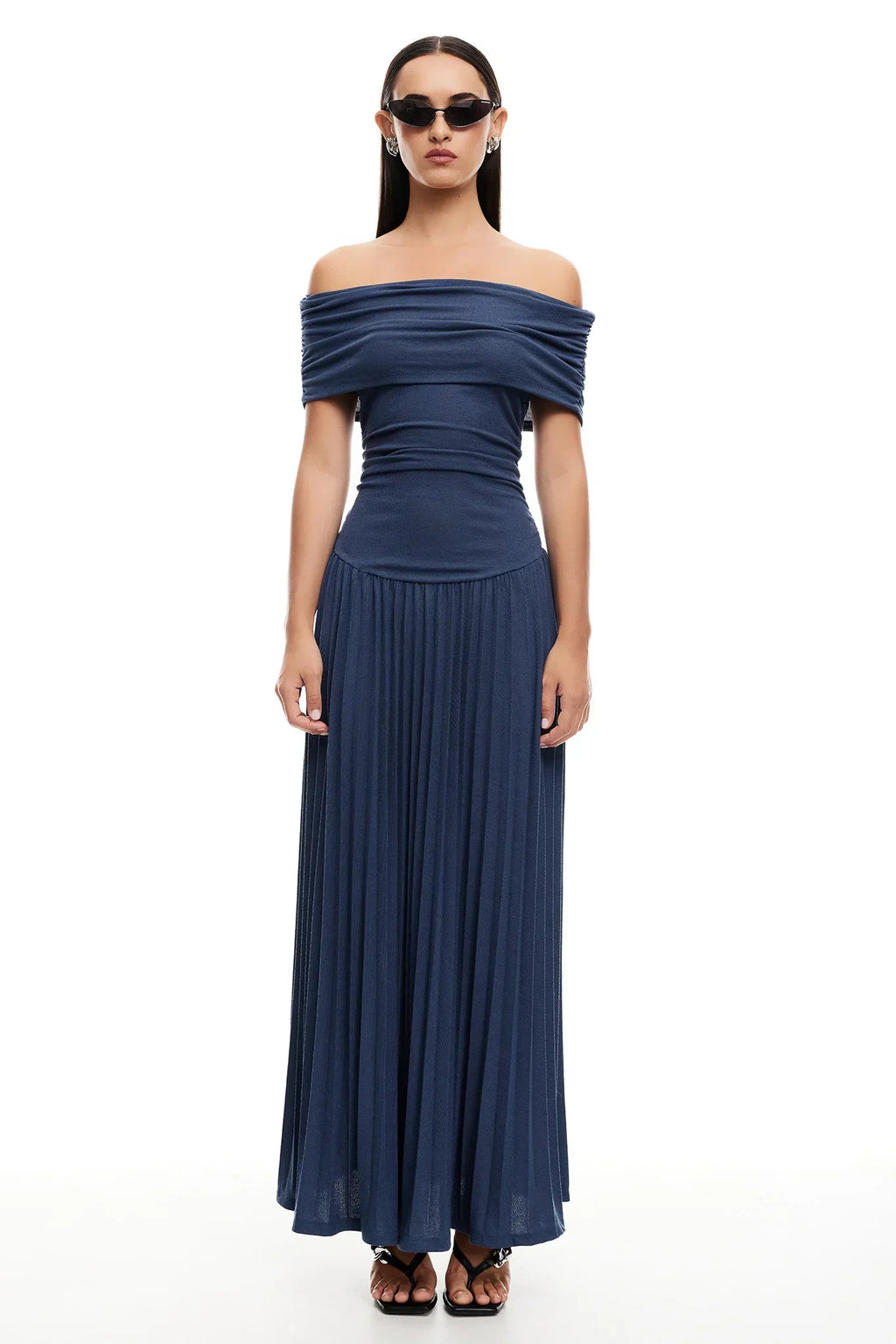Cream off shoulder pleated maxi dress with ruched foldover neckline and drop waist - view 24