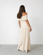 Cream off shoulder pleated maxi dress with ruched foldover neckline and drop waist - view 3