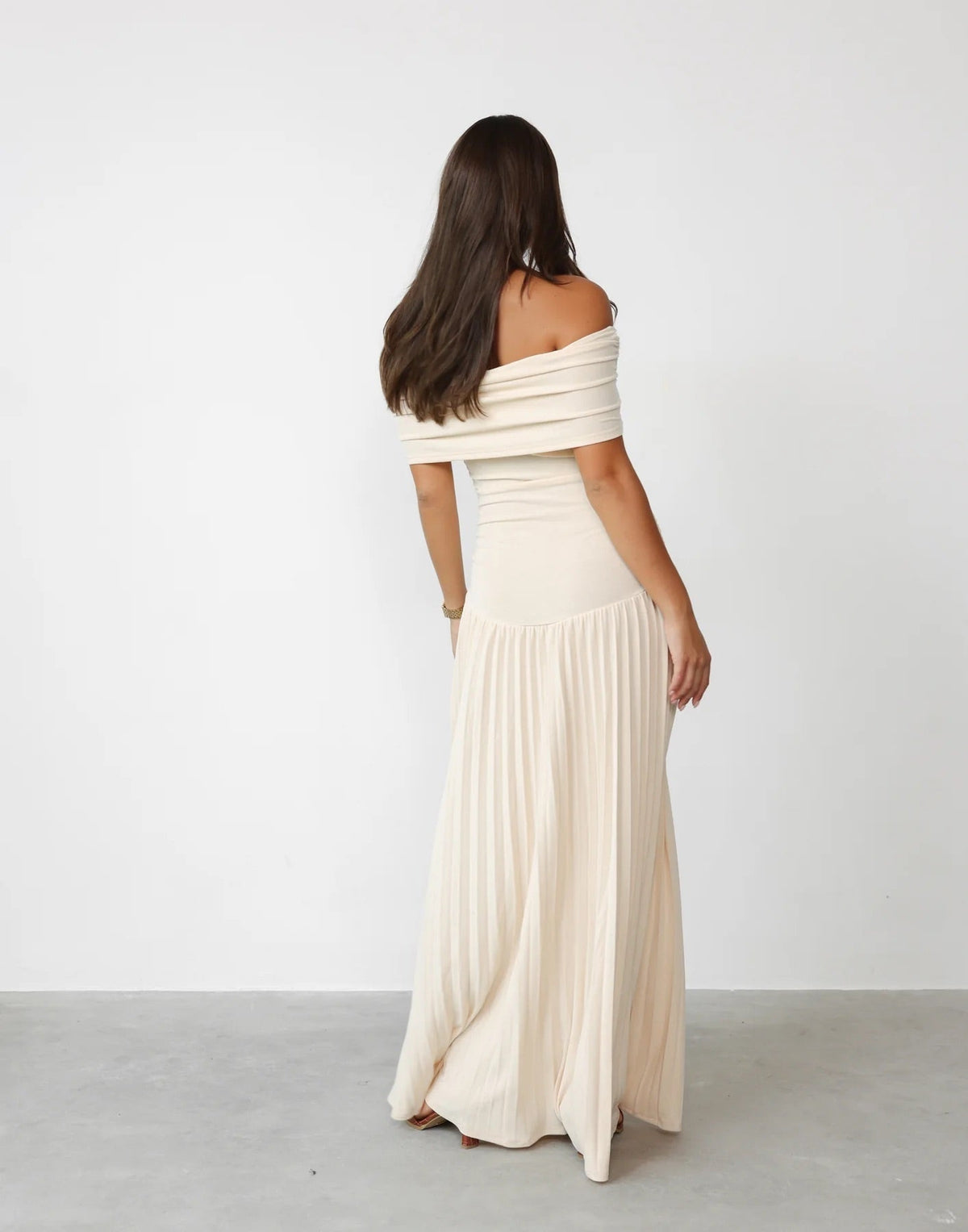 Cream off shoulder pleated maxi dress with ruched foldover neckline and drop waist - view 3