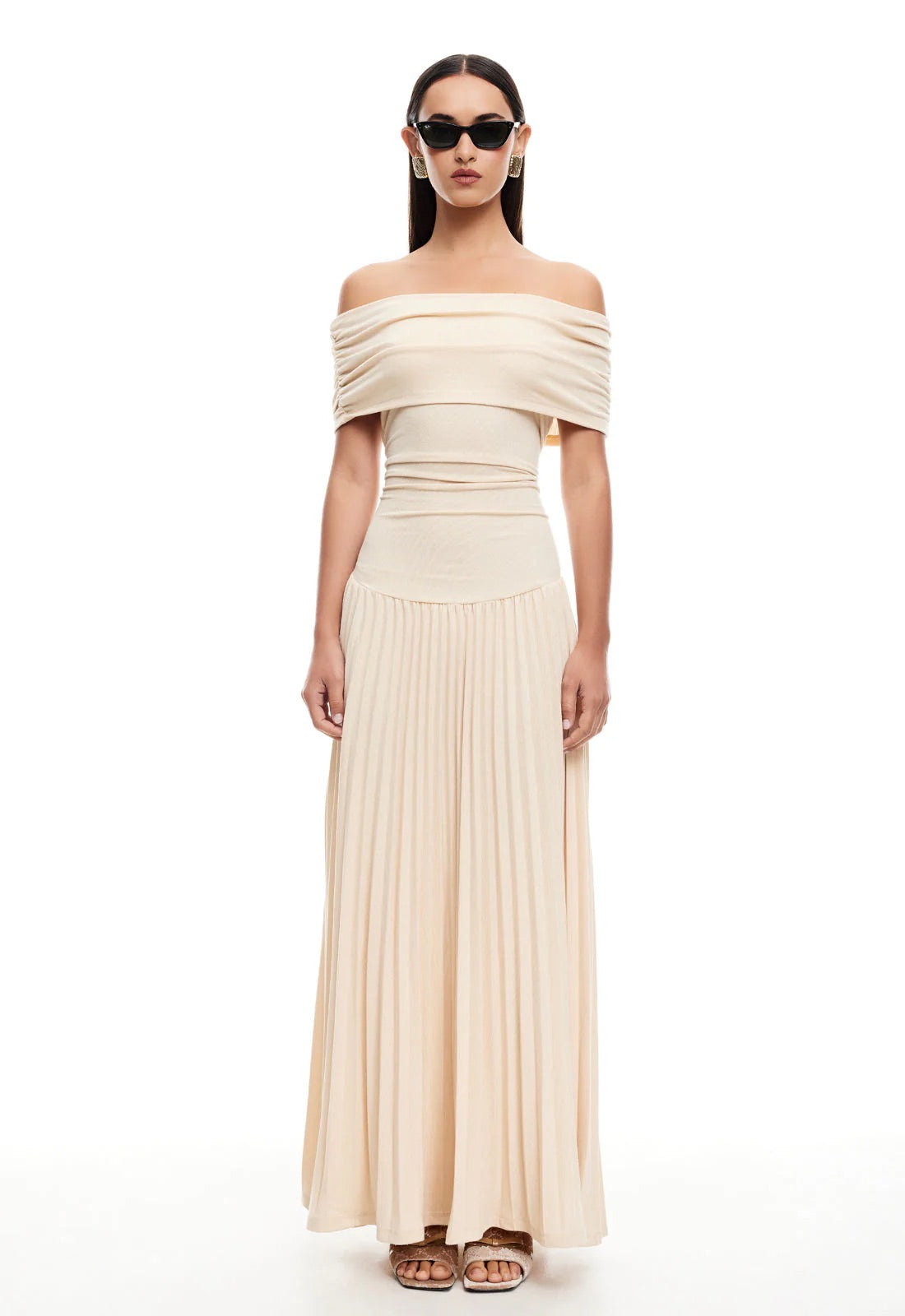 Cream off shoulder pleated maxi dress with ruched foldover neckline and drop waist - view 4