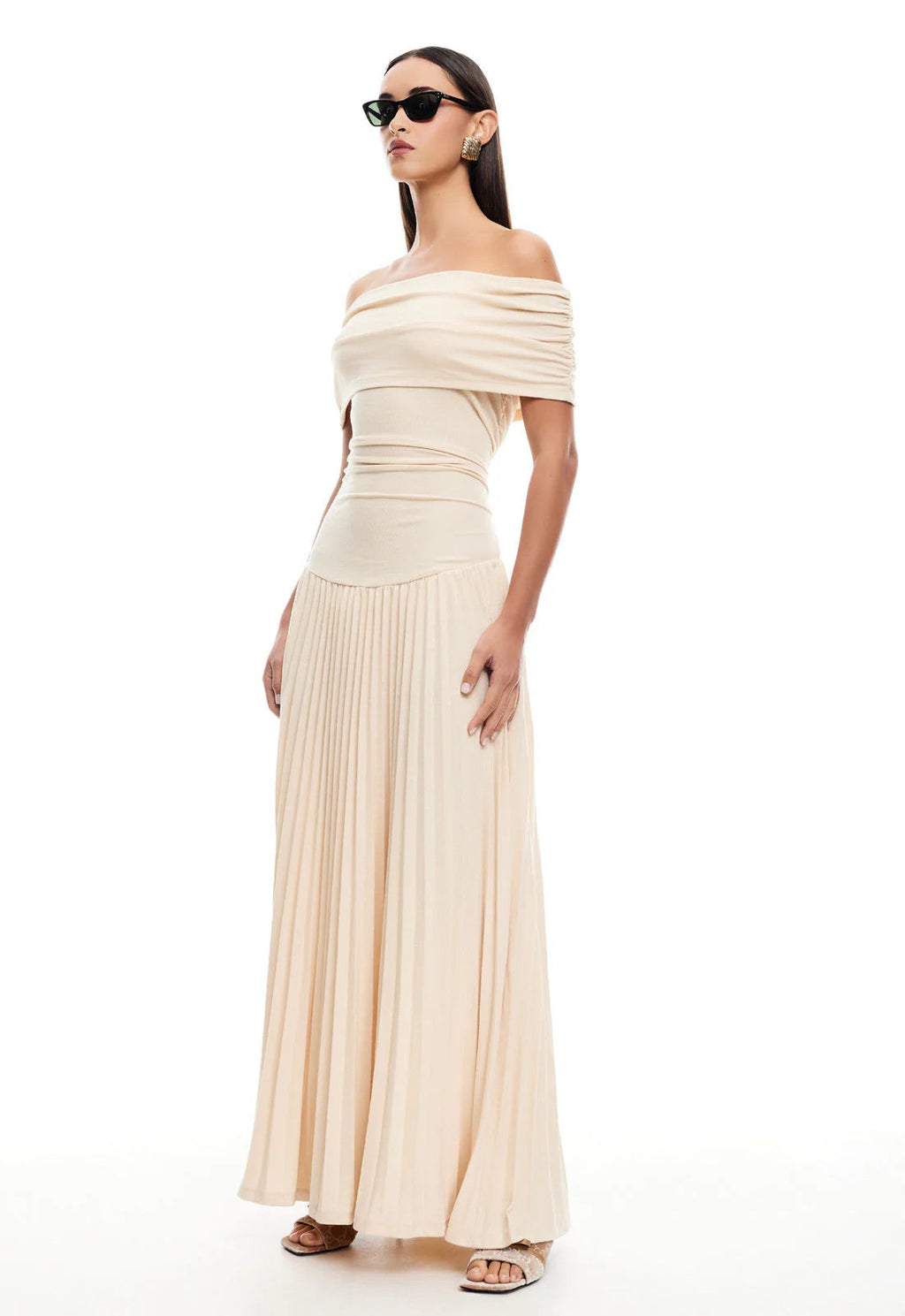 Cream off shoulder pleated maxi dress with ruched foldover neckline and drop waist - view 5