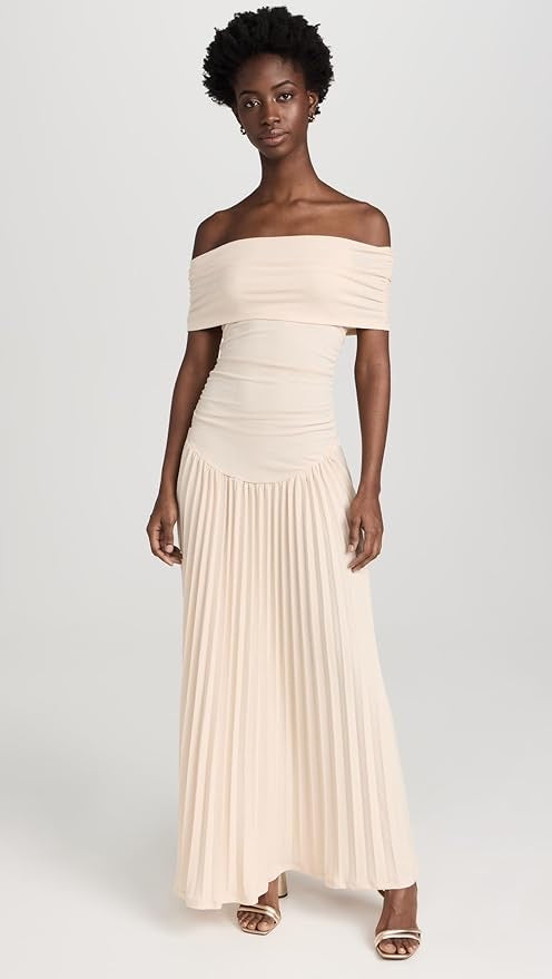 Cream off shoulder pleated maxi dress with ruched foldover neckline and drop waist - view 7