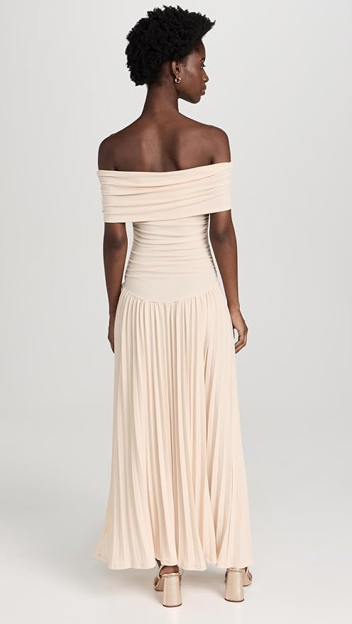 Cream off shoulder pleated maxi dress with ruched foldover neckline and drop waist - view 8