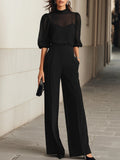 Black sheer mock neck blouse and pleated wide leg work pants set