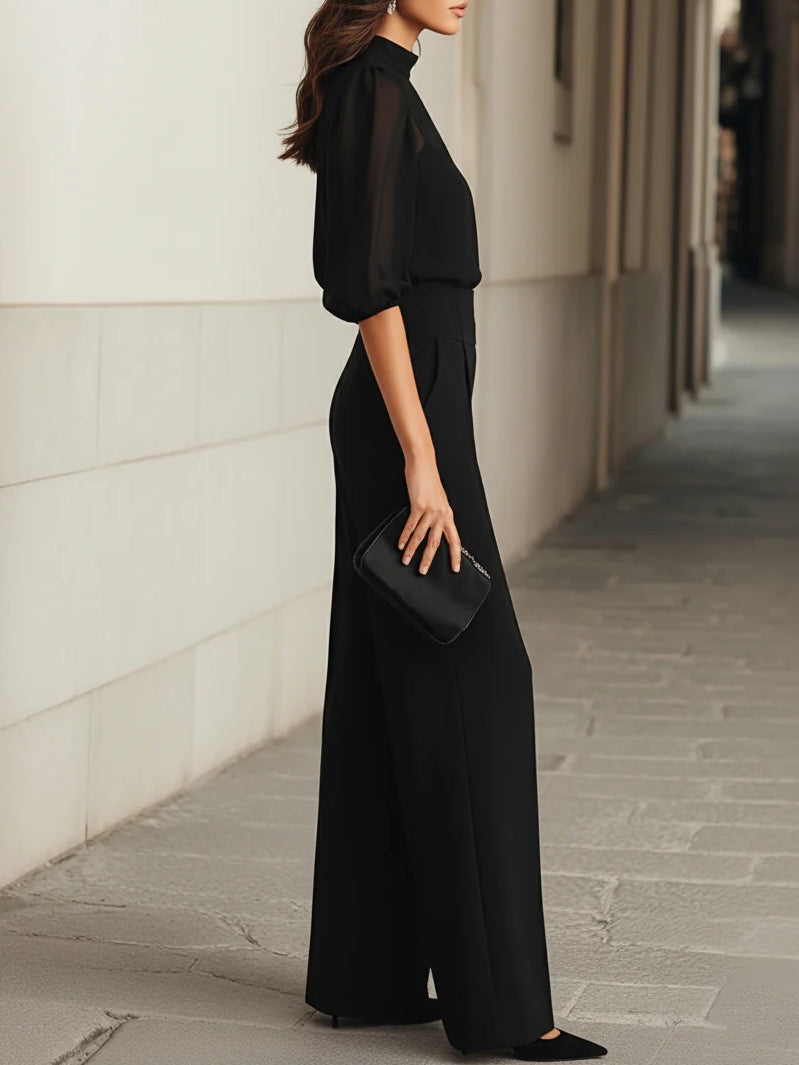 Black sheer mock neck blouse and pleated wide leg work pants set - view 3