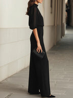 Black sheer mock neck blouse and pleated wide leg work pants set - view 3
