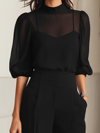Black sheer mock neck blouse and pleated wide leg work pants set - view 4