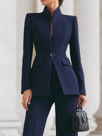 Tailored stand-collar blazer and wide-leg suit pants on model - view 2
