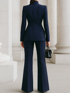 Tailored stand-collar blazer and wide-leg suit pants on model - view 5