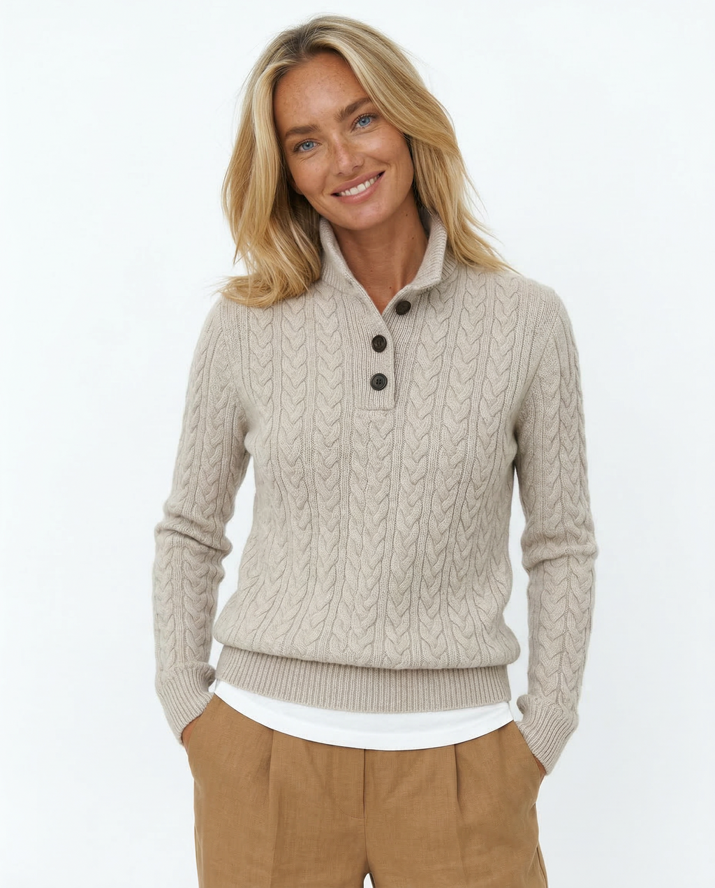 Ellie | Button-Up Cable Knit Sweater with Stand Collar, Cozy Winter Pullover oaklynwear