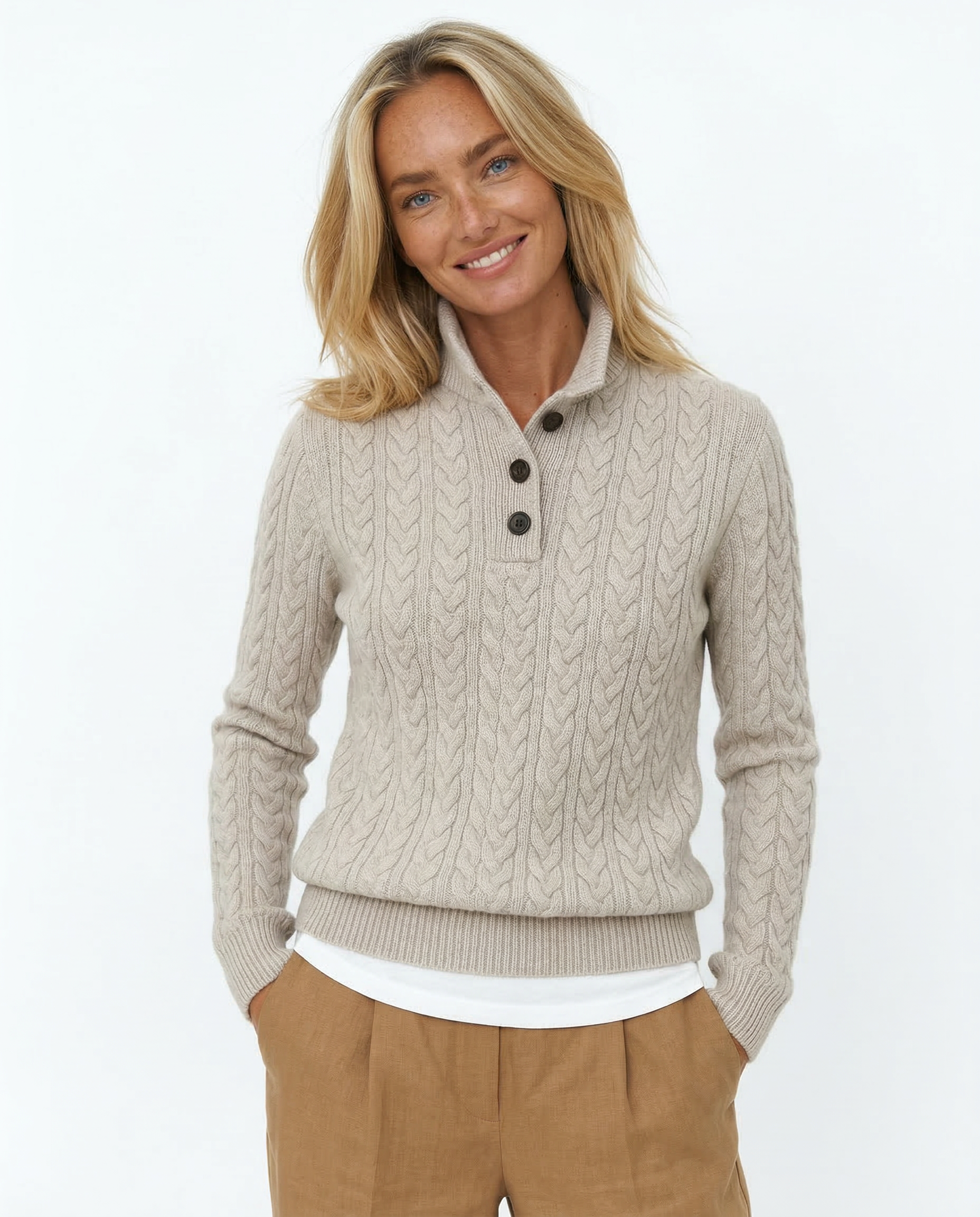Ellie | Button-Up Cable Knit Sweater with Stand Collar, Cozy Winter Pullover oaklynwear