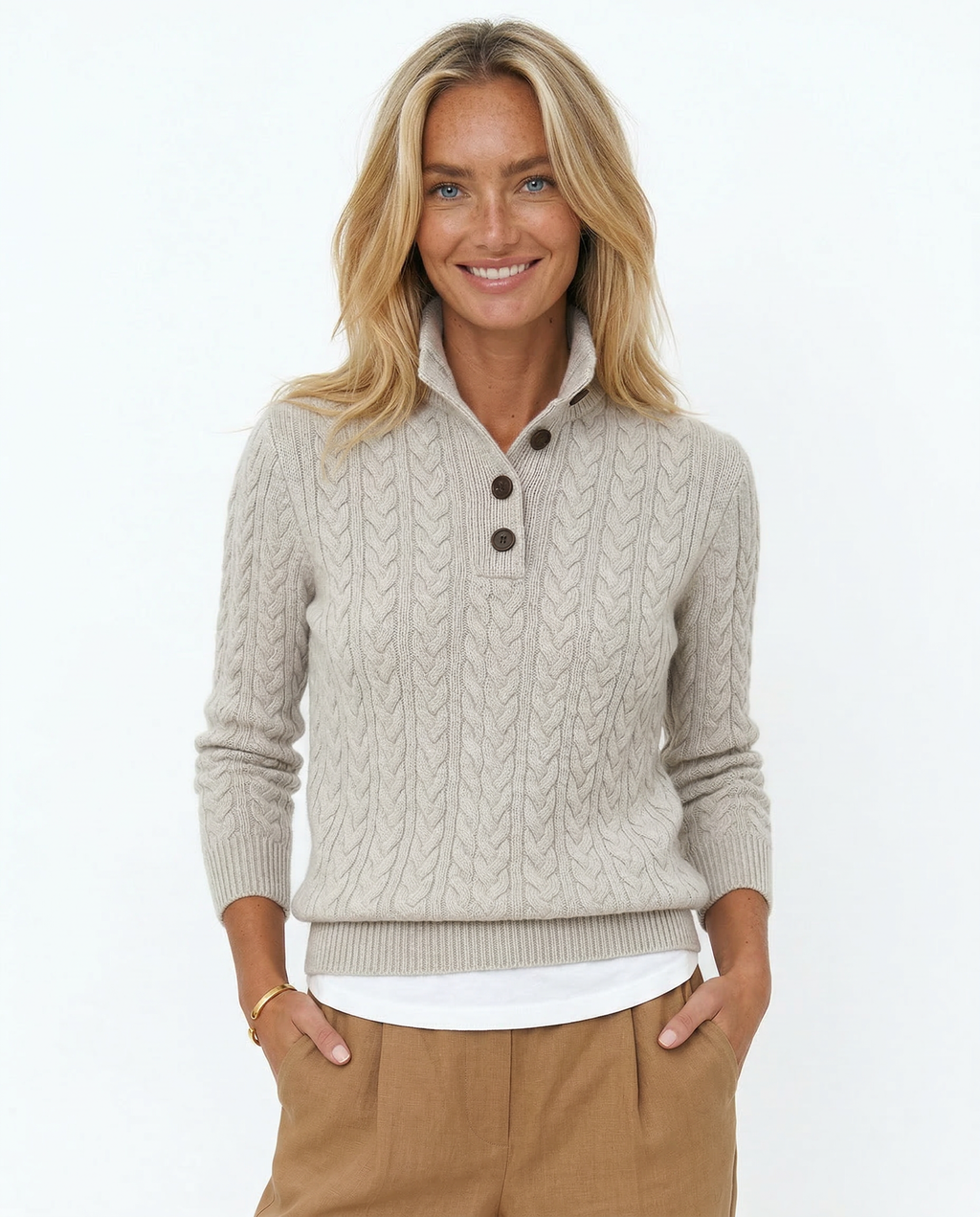 Ellie | Button-Up Cable Knit Sweater with Stand Collar, Cozy Winter Pullover oaklynwear