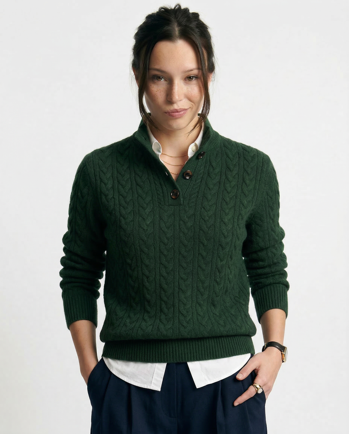 Ellie | Button-Up Cable Knit Sweater with Stand Collar, Cozy Winter Pullover oaklynwear