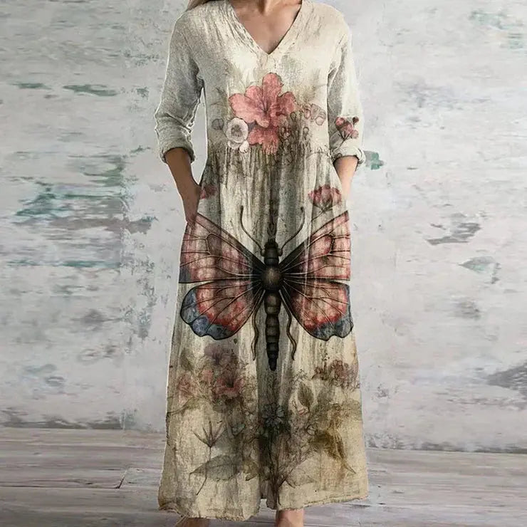 Oaklyn Patchwork Floral Maxi Dress – V-Neck 3/4 Sleeve Boho Vintage Style oaklynwear