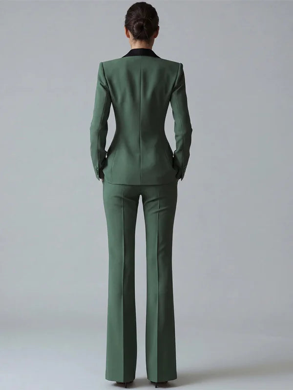 Solid Color Blocked Satin Lapel Blazer Trousers 2-Piece Suit oaklynwear