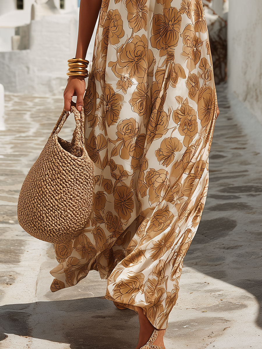 Chic Vacation Sleeveless Floral-Print Satin Maxi Dress oaklynwear