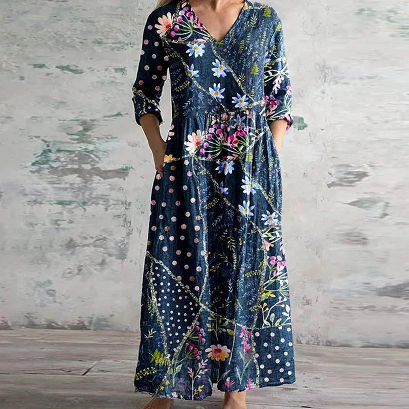 Oaklyn Patchwork Floral Maxi Dress – V-Neck 3/4 Sleeve Boho Vintage Style oaklynwear