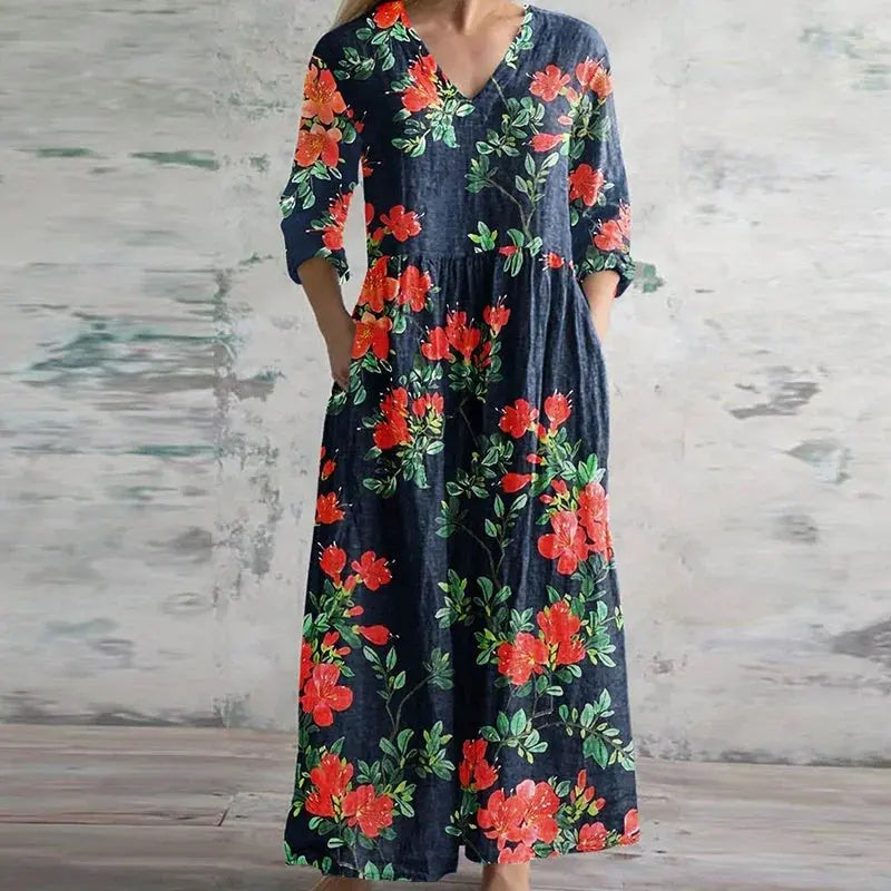 Oaklyn Patchwork Floral Maxi Dress – V-Neck 3/4 Sleeve Boho Vintage Style oaklynwear