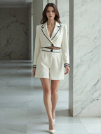 Cream Colored Short Blazer With Black Piping And High Waisted Pleated Shorts 2-Piece Suit oaklynwear