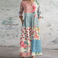 Oaklyn Patchwork Floral Maxi Dress – V-Neck 3/4 Sleeve Boho Vintage Style oaklynwear