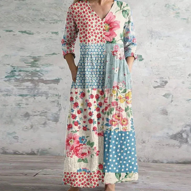 Oaklyn Patchwork Floral Maxi Dress – V-Neck 3/4 Sleeve Boho Vintage Style oaklynwear