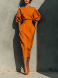 Claudia | Women's Orange Mid-Sleeve Top And Midi Skirt Set oaklynwear
