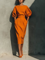Claudia | Women's Orange Mid-Sleeve Top And Midi Skirt Set oaklynwear