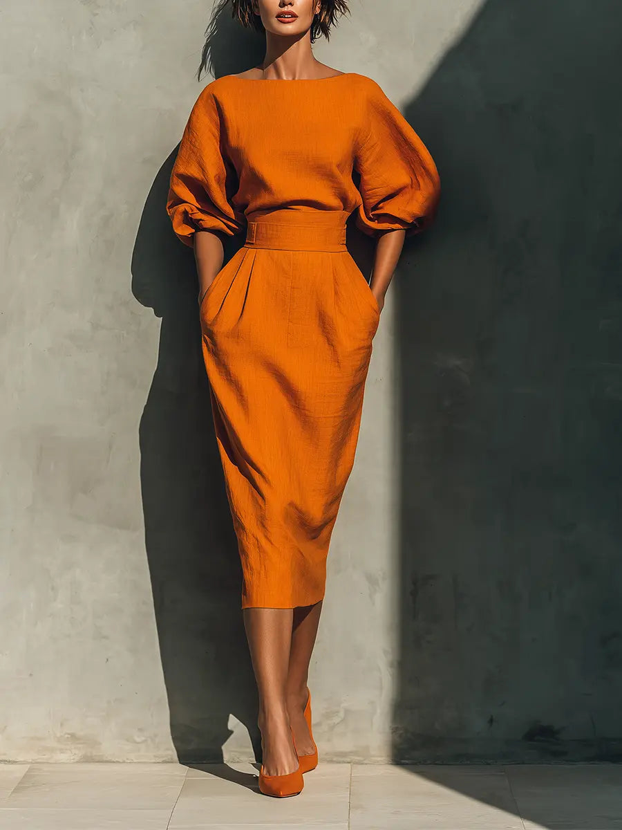 Claudia | Women's Orange Mid-Sleeve Top And Midi Skirt Set oaklynwear