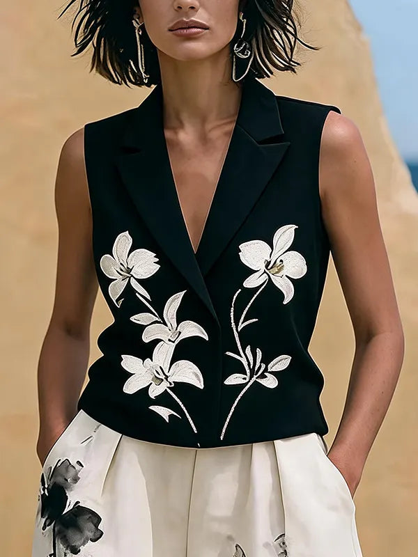 Black Floral Embroidered Sleeveless Lapel Vest & Floral Wide Leg Pants 2-Piece Suit oaklynwear
