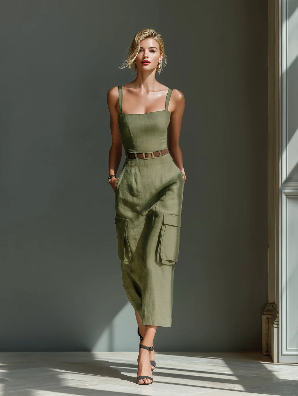Stevie | Women's Olive Green Linen Fabric Sleeveless Midi Dress With Cargo Pockets & Belted Waist oaklynwear