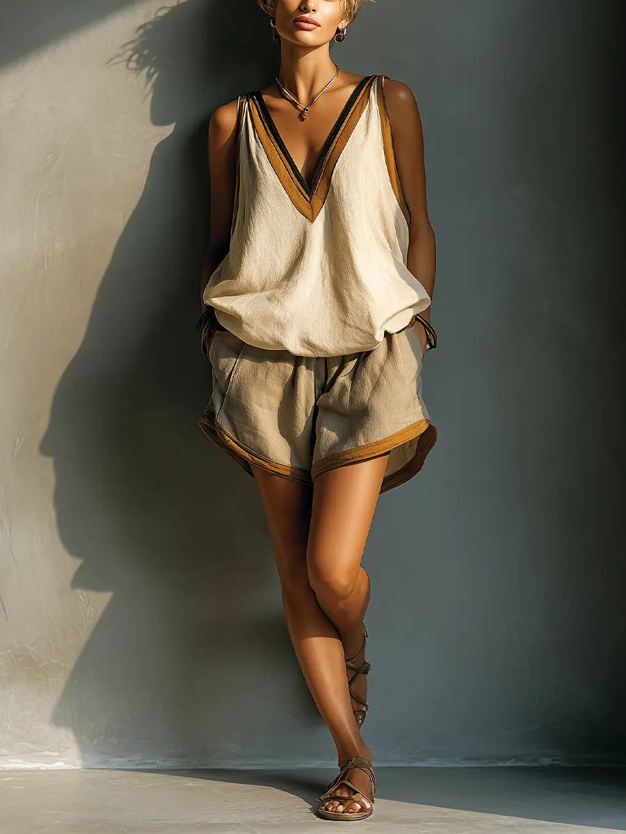 Sunny | Women's Beige Linen-Blend Contrast Trim V-Neck Tank Top & Khaki Shorts Two-Piece Set oaklynwear