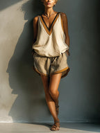 Sunny | Women's Beige Linen-Blend Contrast Trim V-Neck Tank Top & Khaki Shorts Two-Piece Set oaklynwear